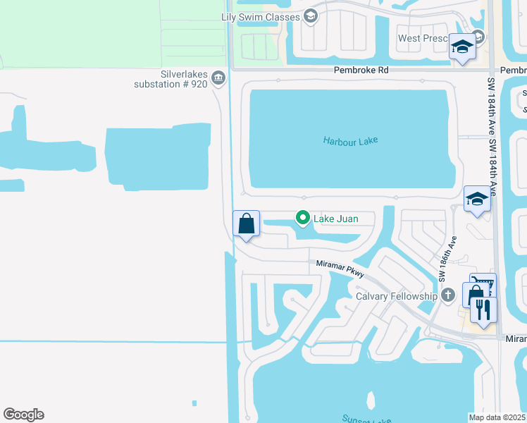 map of restaurants, bars, coffee shops, grocery stores, and more near 19410 Southwest 24th Street in Miramar