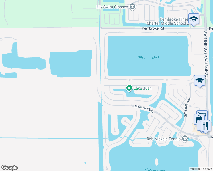map of restaurants, bars, coffee shops, grocery stores, and more near 19498 Southwest 24th Street in Miramar