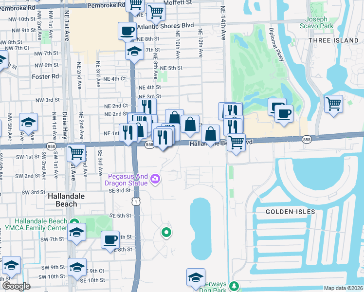 map of restaurants, bars, coffee shops, grocery stores, and more near 1000 East Hallandale Beach Boulevard in Hallandale Beach