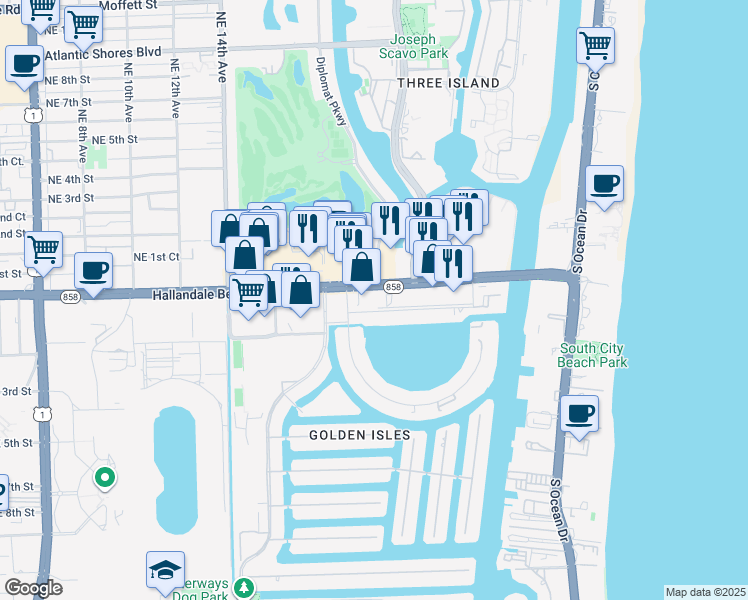 map of restaurants, bars, coffee shops, grocery stores, and more near 1920 East Hallandale Beach Boulevard in Hallandale Beach