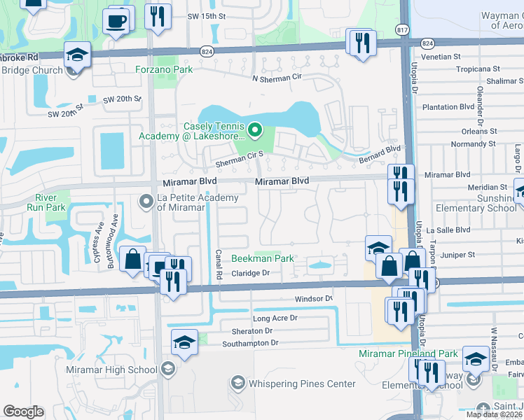map of restaurants, bars, coffee shops, grocery stores, and more near 2605 Southwest 85th Avenue in Miramar