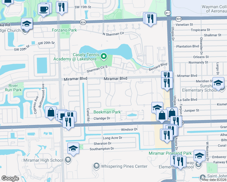 map of restaurants, bars, coffee shops, grocery stores, and more near 2605 Southwest 85th Avenue in Miramar