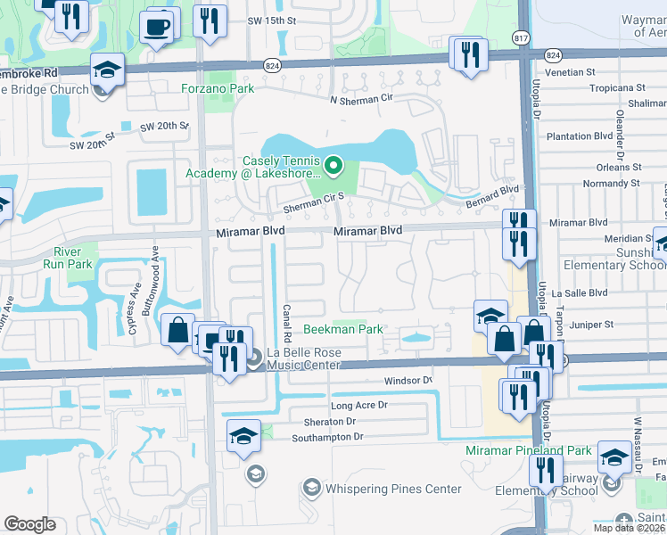 map of restaurants, bars, coffee shops, grocery stores, and more near 8612 Wilshire Drive in Miramar