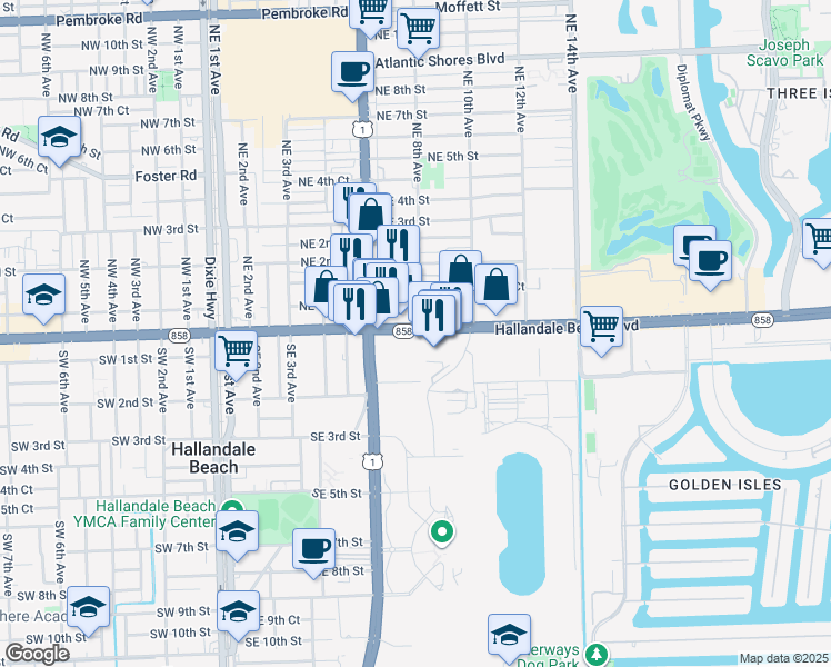 map of restaurants, bars, coffee shops, grocery stores, and more near 720 East Hallandale Beach Boulevard in Hallandale Beach