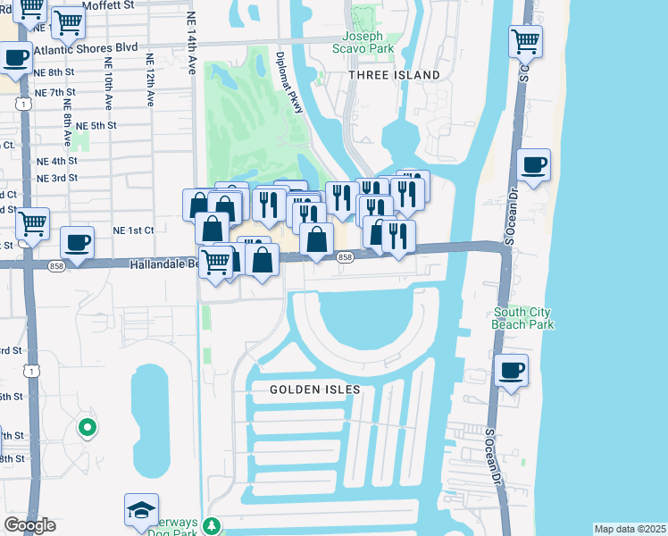map of restaurants, bars, coffee shops, grocery stores, and more near 26 Diplomat Parkway in Hallandale Beach