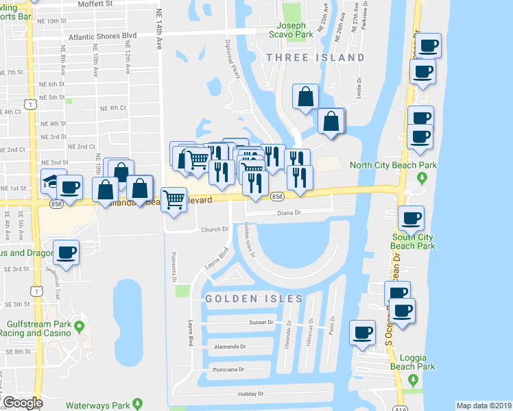 map of restaurants, bars, coffee shops, grocery stores, and more near 1920 East Hallandale Beach Boulevard in Hallandale Beach