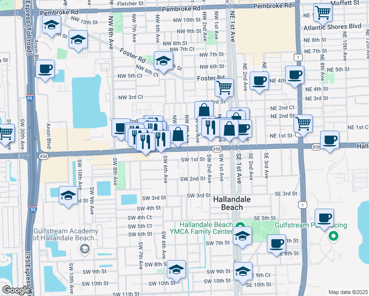 map of restaurants, bars, coffee shops, grocery stores, and more near 23 Northeast 4th Avenue in Hallandale Beach
