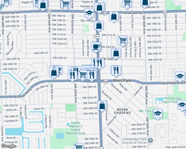 map of restaurants, bars, coffee shops, grocery stores, and more near 6033 Southwest 27th Street in Miramar