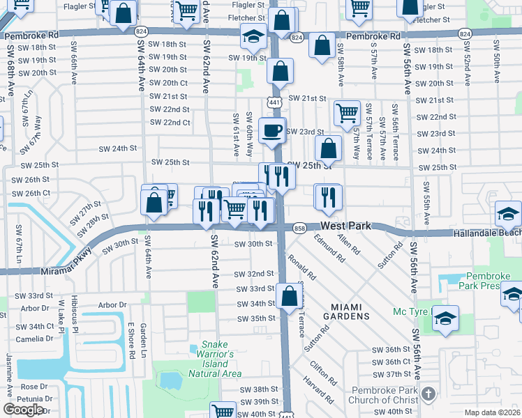 map of restaurants, bars, coffee shops, grocery stores, and more near 6033 Southwest 27th Street in Miramar