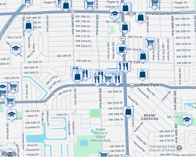 map of restaurants, bars, coffee shops, grocery stores, and more near 6201 Southwest 27th Street in Miramar