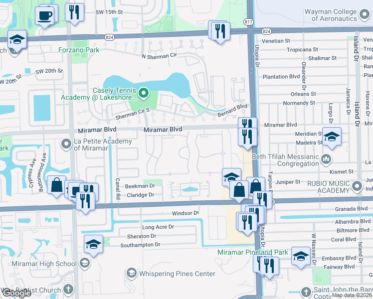 map of restaurants, bars, coffee shops, grocery stores, and more near 2573 Southwest 83rd Terrace in Miramar