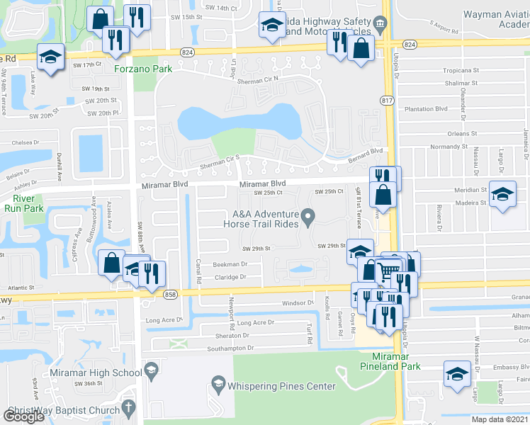 map of restaurants, bars, coffee shops, grocery stores, and more near 8384 Southwest 25th Court in Miramar