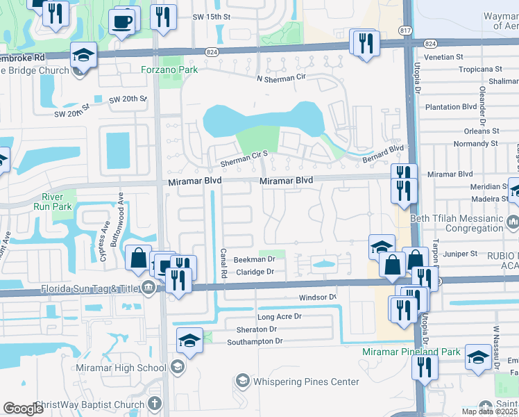 map of restaurants, bars, coffee shops, grocery stores, and more near 8612 Wilshire Drive in Miramar