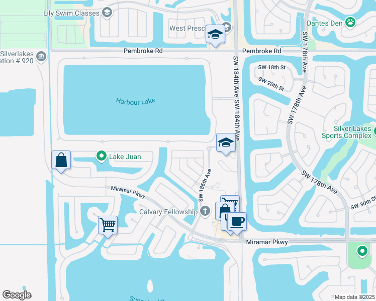 map of restaurants, bars, coffee shops, grocery stores, and more near 18690 Southwest 24th Street in Miramar