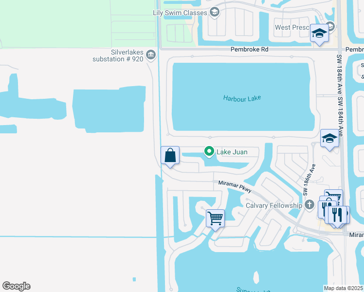 map of restaurants, bars, coffee shops, grocery stores, and more near 19410 Southwest 24th Street in Miramar