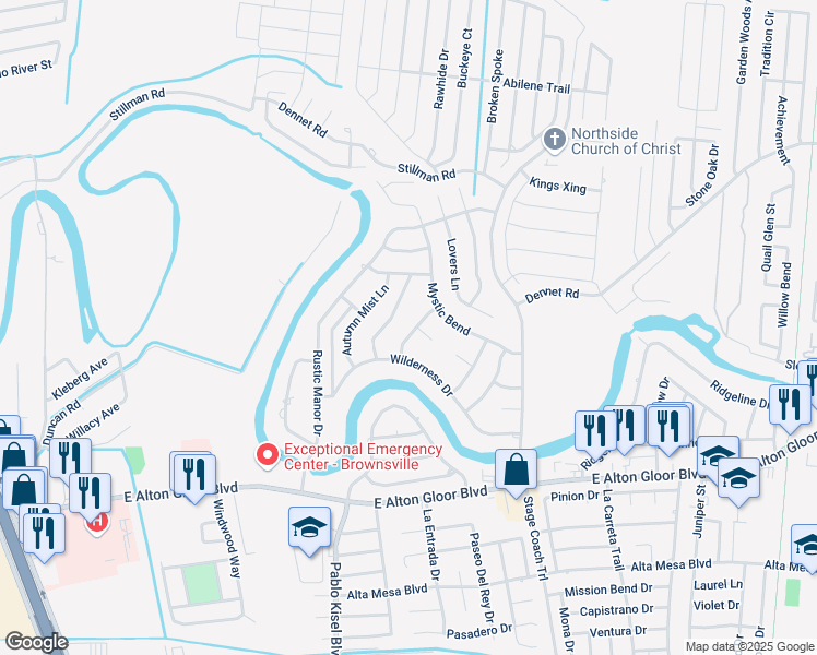 map of restaurants, bars, coffee shops, grocery stores, and more near 5437 Enchanted Path in Brownsville