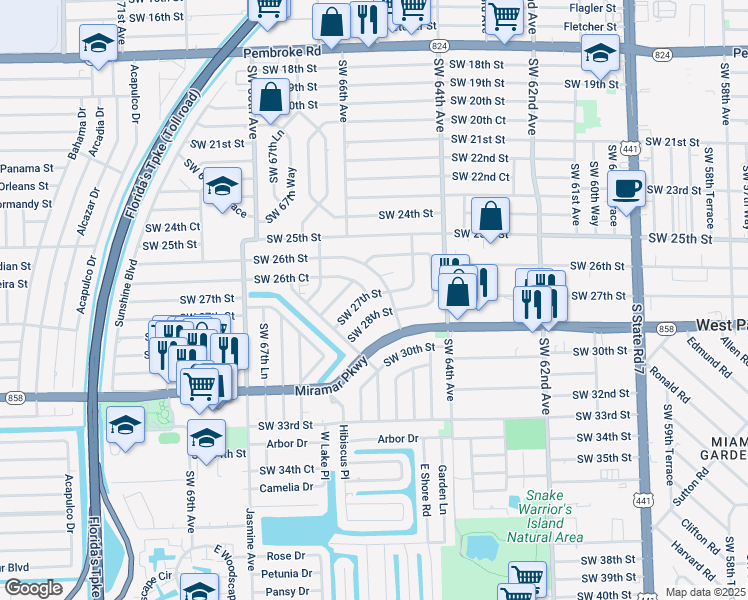 map of restaurants, bars, coffee shops, grocery stores, and more near 6511 Southwest 27th Street in Miramar