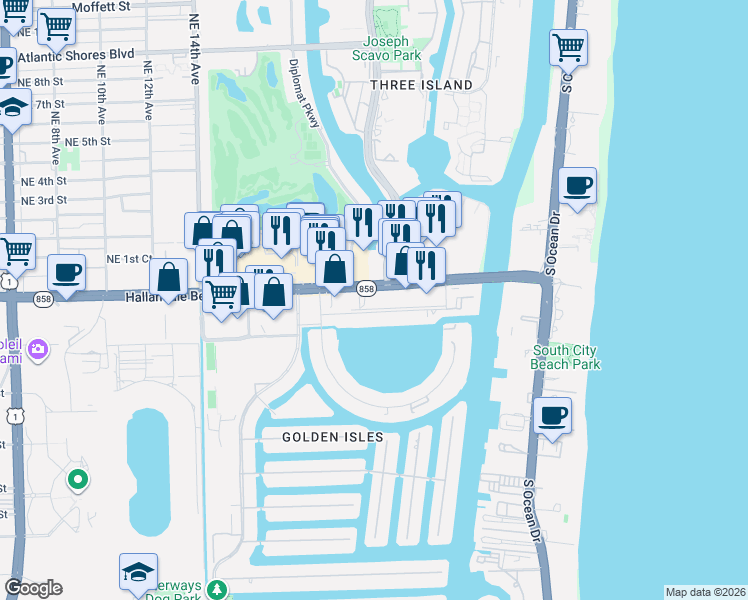 map of restaurants, bars, coffee shops, grocery stores, and more near 26 Diplomat Parkway in Hallandale Beach