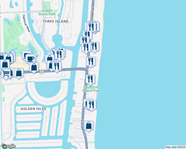 map of restaurants, bars, coffee shops, grocery stores, and more near 4099 South Surf Road in Hallandale Beach