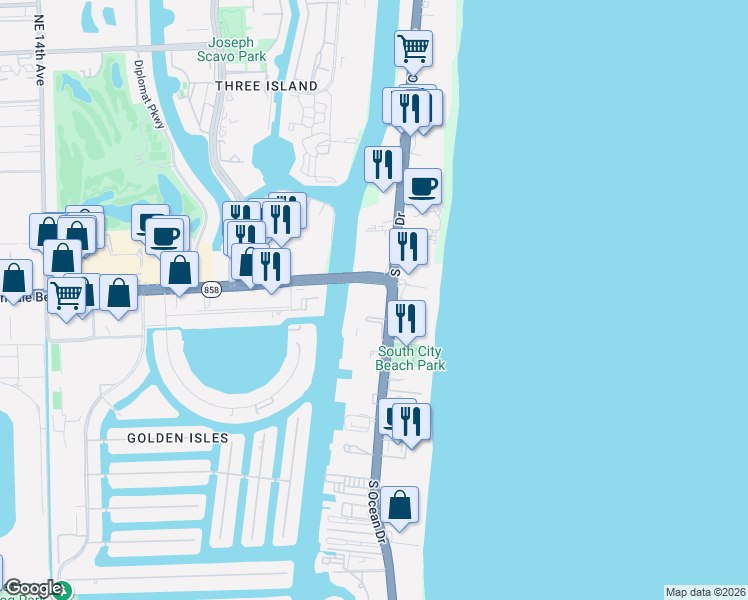 map of restaurants, bars, coffee shops, grocery stores, and more near 1803 South Ocean Drive in Hallandale Beach