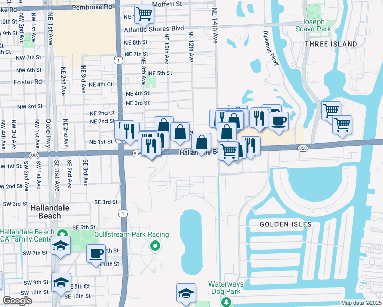 map of restaurants, bars, coffee shops, grocery stores, and more near 1201 East Hallandale Beach Boulevard in Hallandale Beach