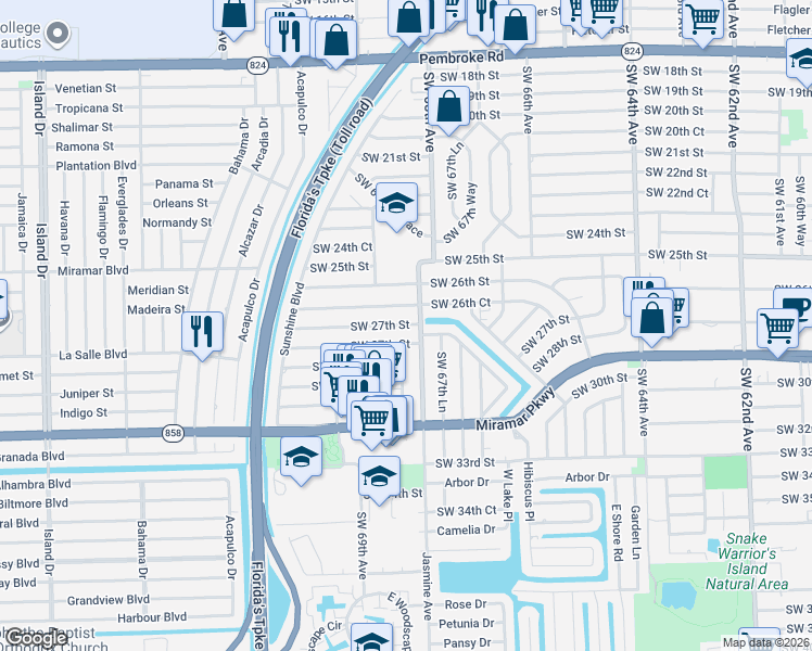 map of restaurants, bars, coffee shops, grocery stores, and more near 6830 Southwest 26th Court in Miramar