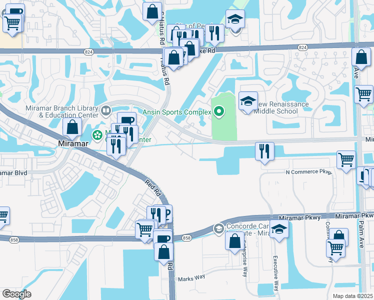 map of restaurants, bars, coffee shops, grocery stores, and more near 2505 Southwest 110th Avenue in Pembroke Pines