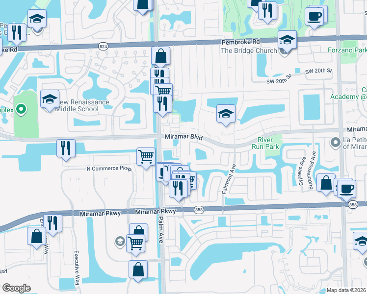map of restaurants, bars, coffee shops, grocery stores, and more near 2531 Southwest 99th Way in Miramar