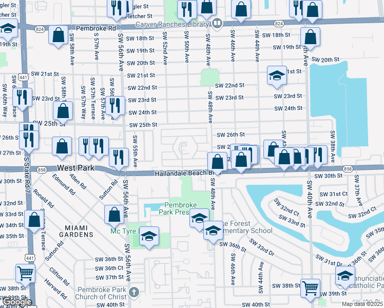 map of restaurants, bars, coffee shops, grocery stores, and more near 2730 Southwest 49th Avenue in Pembroke Park