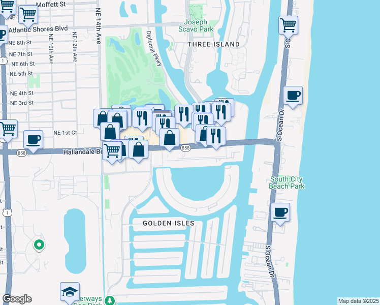 map of restaurants, bars, coffee shops, grocery stores, and more near 26 Diplomat Parkway in Hallandale Beach
