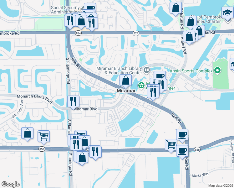 map of restaurants, bars, coffee shops, grocery stores, and more near 2412 Centergate Drive in Miramar