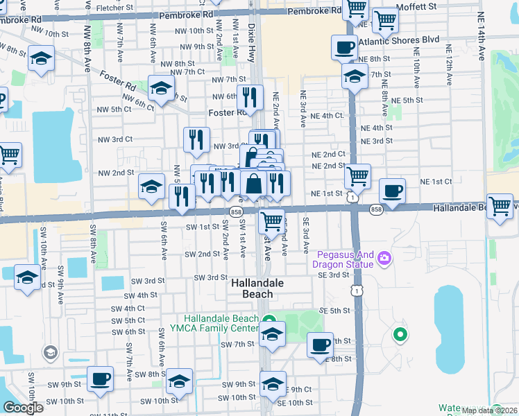 map of restaurants, bars, coffee shops, grocery stores, and more near 11 Northeast 1st Avenue in Hallandale Beach