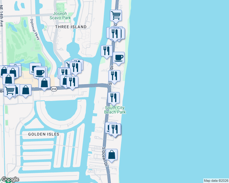 map of restaurants, bars, coffee shops, grocery stores, and more near 4099 South Surf Road in Hallandale Beach