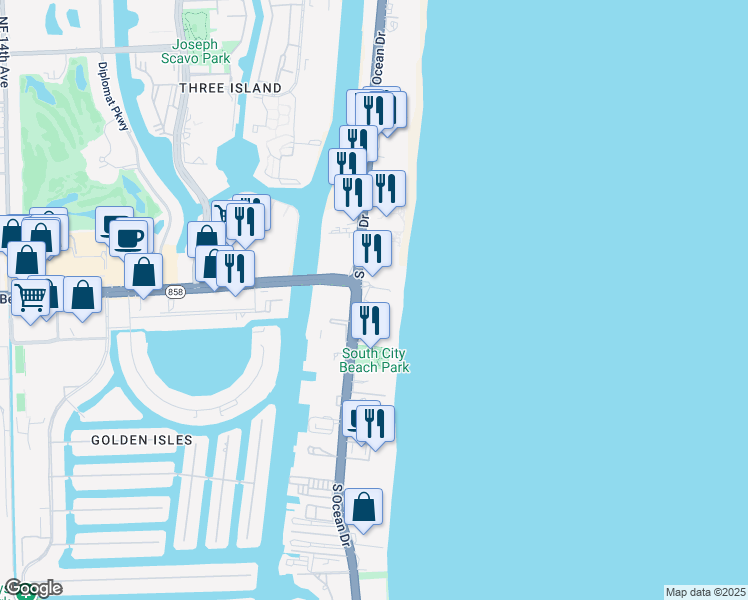 map of restaurants, bars, coffee shops, grocery stores, and more near 4099 South Surf Road in Hallandale Beach