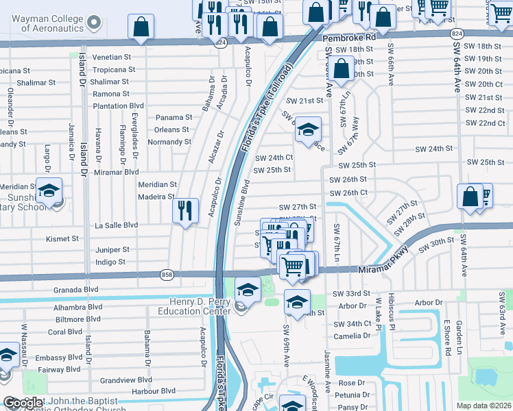 map of restaurants, bars, coffee shops, grocery stores, and more near 7041 Southwest 27th Street in Miramar