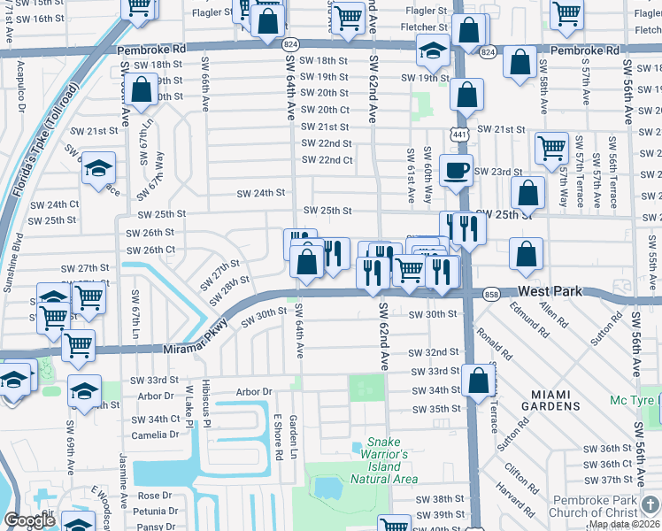 map of restaurants, bars, coffee shops, grocery stores, and more near 6251 Southwest 27th Street in Miramar