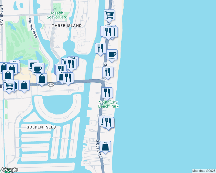 map of restaurants, bars, coffee shops, grocery stores, and more near 4099 South Surf Road in Hallandale Beach