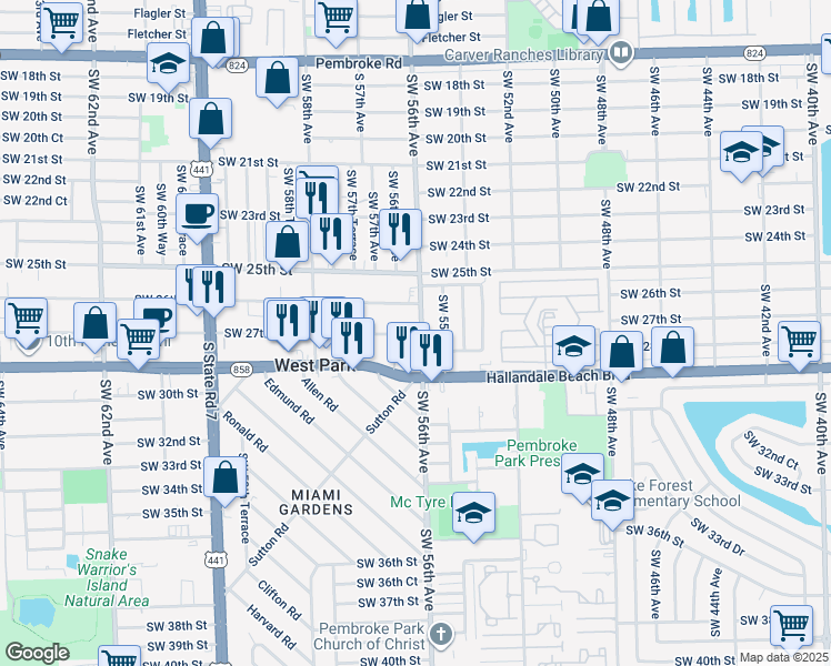map of restaurants, bars, coffee shops, grocery stores, and more near 5607 Southwest 27th Street in West Park