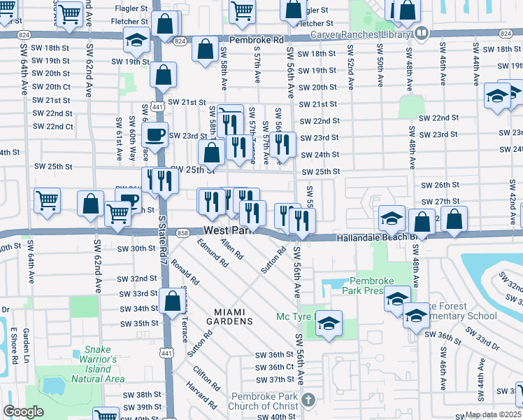 map of restaurants, bars, coffee shops, grocery stores, and more near 5649 Southwest 27th Street in West Park
