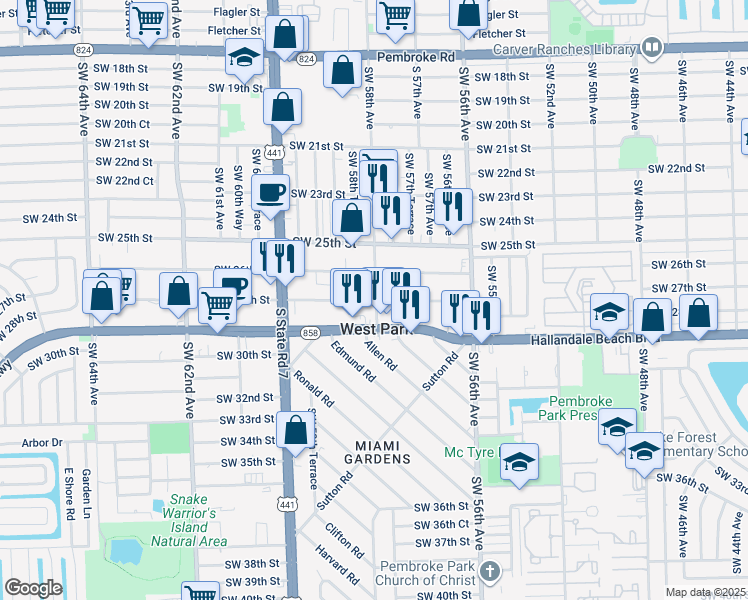 map of restaurants, bars, coffee shops, grocery stores, and more near 5737 Southwest 27th Street in West Park