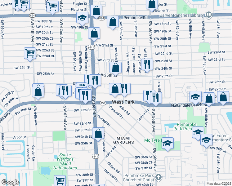 map of restaurants, bars, coffee shops, grocery stores, and more near 5817 Southwest 27th Street in West Park