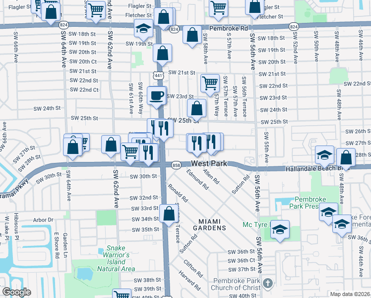 map of restaurants, bars, coffee shops, grocery stores, and more near 5909 Southwest 27th Street in West Park