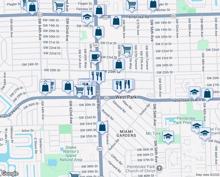 map of restaurants, bars, coffee shops, grocery stores, and more near 5909 Southwest 27th Street in West Park