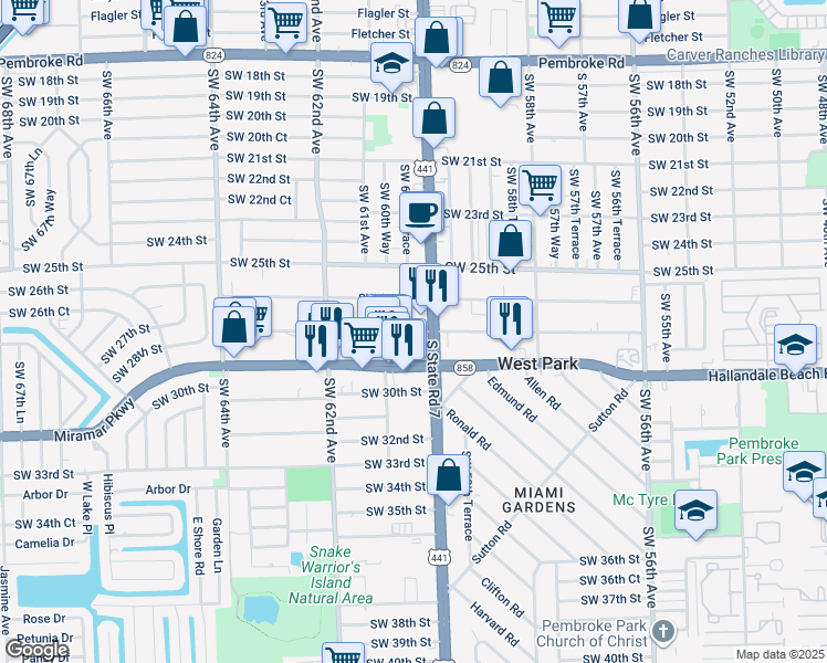 map of restaurants, bars, coffee shops, grocery stores, and more near 6033 Southwest 27th Street in Miramar