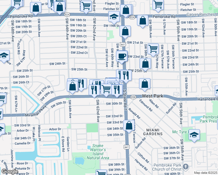 map of restaurants, bars, coffee shops, grocery stores, and more near 6115 Southwest 27th Street in Miramar