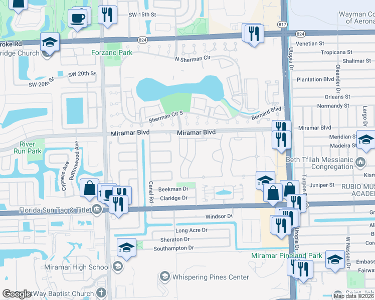 map of restaurants, bars, coffee shops, grocery stores, and more near 2605 Southwest 85th Avenue in Miramar