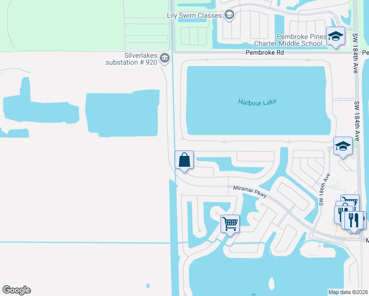 map of restaurants, bars, coffee shops, grocery stores, and more near 19498 Southwest 24th Street in Miramar