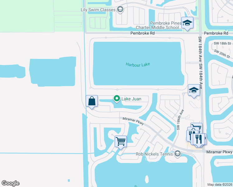 map of restaurants, bars, coffee shops, grocery stores, and more near 19300 Southwest 24th Street in Miramar