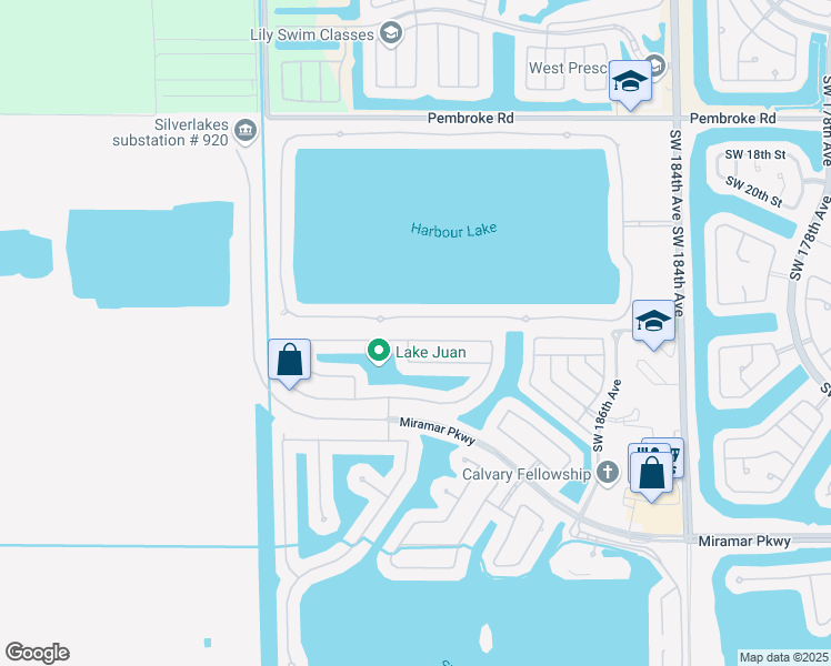 map of restaurants, bars, coffee shops, grocery stores, and more near 19140 Southwest 24th Street in Miramar