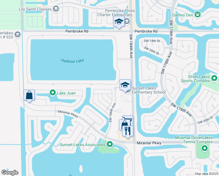 map of restaurants, bars, coffee shops, grocery stores, and more near 18721 Southwest 25th Court in Miramar